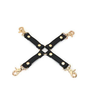 Hogtie en Cuir de Vache Noir avec attaches pour fixation croisée détails métal doré