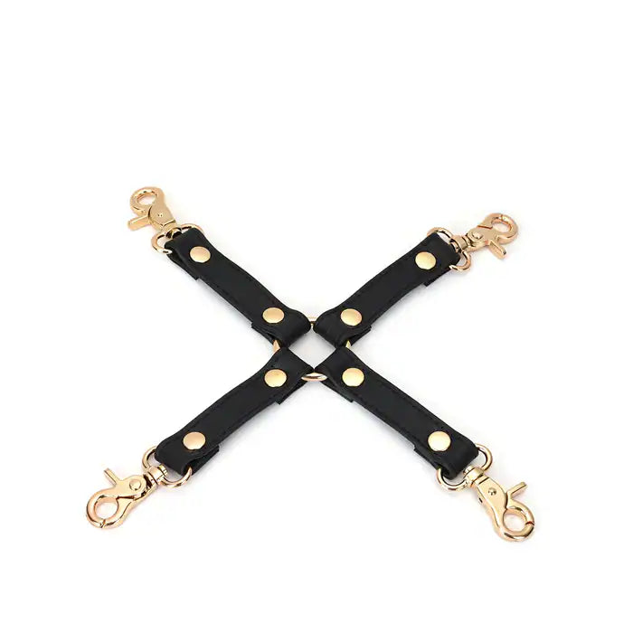 Hogtie en Cuir de Vache Noir avec attaches pour fixation croisée détails métal doré