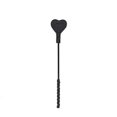 Cravache en cuir noir embossé façon autruche avec marque en forme de cœur. Accessoire BDSM léger et maniable avec manche texturé et finitions dorées.