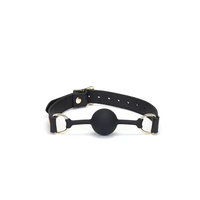 Bâillon Boule GAG en Cuir noir lisse avec boule en silicone sangle réglable détail en métal Doré