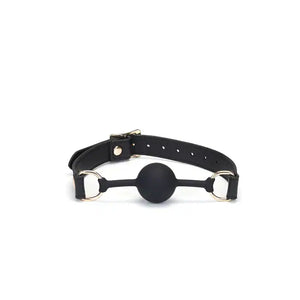 Bâillon Boule GAG en Cuir noir lisse avec boule en silicone sangle réglable détail en métal Doré