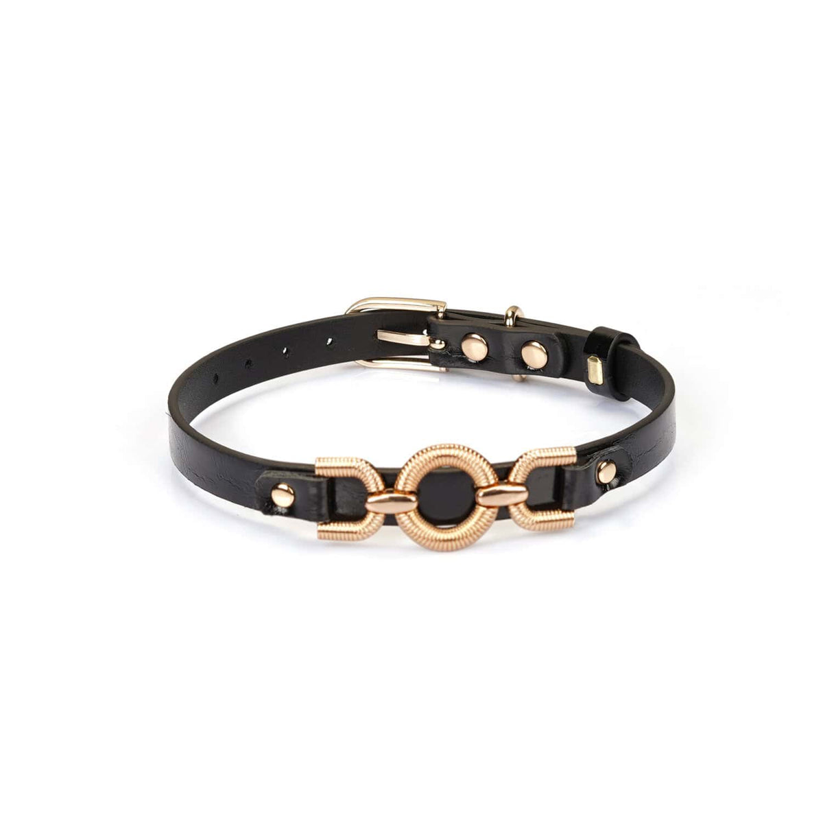 Choker Souple et Ajustable en simili cuir noir brillant cercle central en métal doré