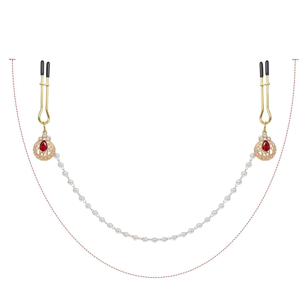 Pinces à tétons chaînes perles de la marque Liebe Seele, composées de pinces dorées reliées par une chaîne de perles blanches avec ornements sertis, présentées sur fond clair dans l’univers Brigade Mondaine Paris.