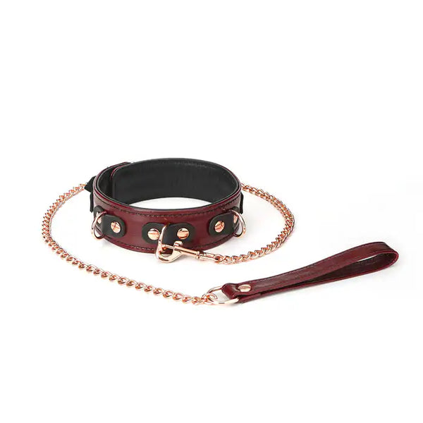 Collier et Laisse Ajustable Rouge Vin en Cuir de vache détails en alliage de zinc