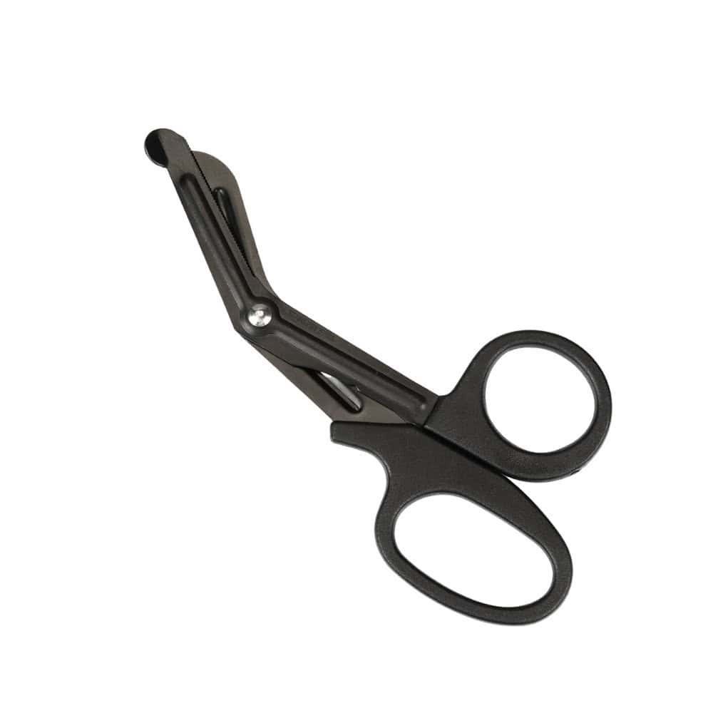 Ciseaux de sécurité BDSM noirs en métal avec bouts arrondis, accessoire de sécurité haut de gamme sélectionné par Brigade Mondaine, sur fond blanc.