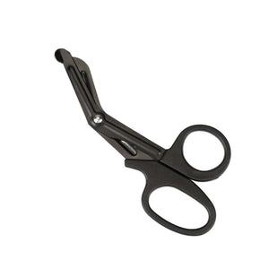 Ciseaux de sécurité BDSM noirs en métal avec bouts arrondis, accessoire de sécurité haut de gamme sélectionné par Brigade Mondaine, sur fond blanc.