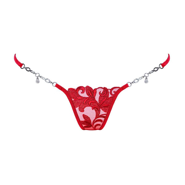 String bijou argenté en mesh et dentelle rouge motif fleur Lucky Cheeks chez Brigade Mondaine
