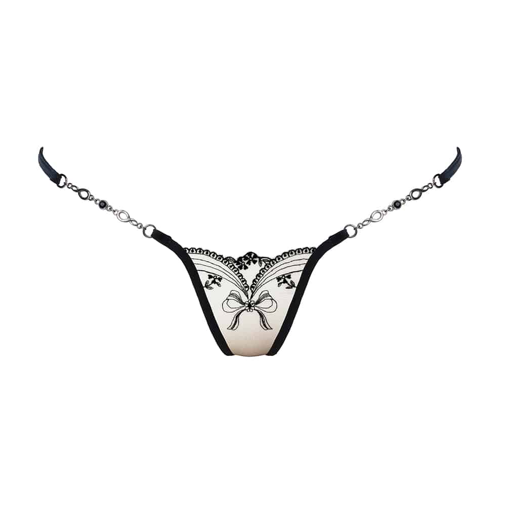 String bijou argenté en mesh chair et dentelle noir motif noeud Lucky Cheeks chez Brigade Mondaine