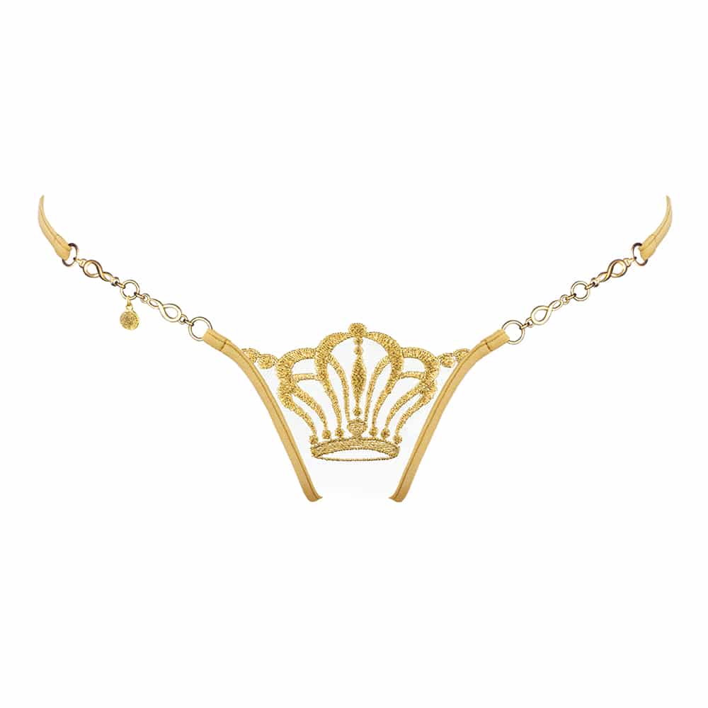 String à dentelle et chaîne dorées avec motif couronne par Lucky Cheeks chez Brigade Mondaine