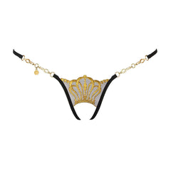 String Ouvert Queen Of Love de LUCKY CHEEKS en broderie Suisse, résille et strass Swarovski, chaîne en zamac, fabrication artisanale en Allemagne.