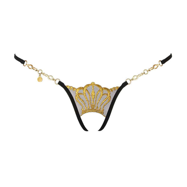 String Ouvert Queen Of Love de LUCKY CHEEKS en broderie Suisse, résille et strass Swarovski, chaîne en zamac, fabrication artisanale en Allemagne.