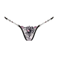 String Bijou Elegant Lady de LUCKY CHEEKS en broderie Suisse, résille et strass Swarovski, chaîne en zamac, fabrication artisanale en Allemagne.