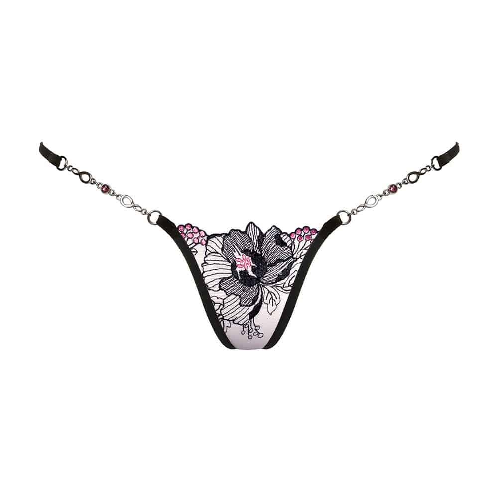 String Bijou Elegant Lady de LUCKY CHEEKS en broderie Suisse, résille et strass Swarovski, chaîne en zamac, fabrication artisanale en Allemagne.