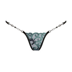 String Bijou Jade Girl de LUCKY CHEEKS en broderie Suisse, résille et strass Swarovski, chaîne en zamac, fabrication artisanale en Allemagne.