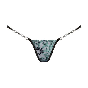 String Bijou Jade Girl de LUCKY CHEEKS en broderie Suisse, résille et strass Swarovski, chaîne en zamac, fabrication artisanale en Allemagne.