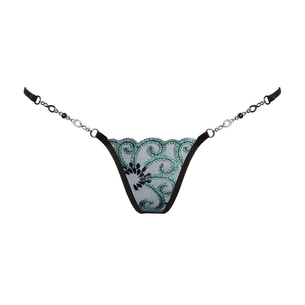 String Bijou Jade Girl de LUCKY CHEEKS en broderie Suisse, résille et strass Swarovski, chaîne en zamac, fabrication artisanale en Allemagne.