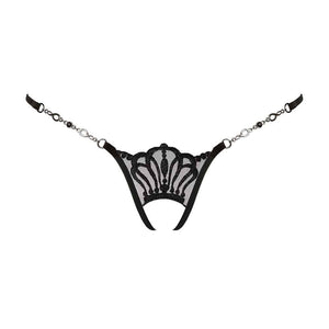 String Ouvert Queen Of Love de LUCKY CHEEKS en broderie Suisse, résille et strass Swarovski, chaîne en zamac, fabrication artisanale en Allemagne.