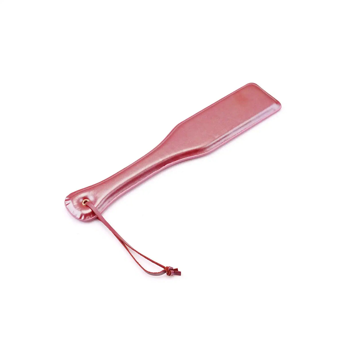 Paddle Lustre Rose LIEBE SEELE à la surface brillante rose et forme allongée, avec lanière de maintien assortie, présenté sur fond blanc en vue produit détaillée