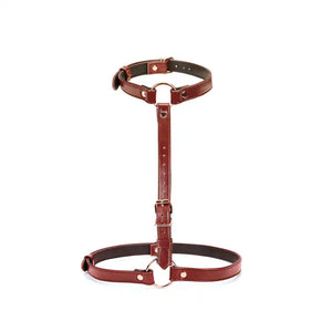 Harnais avec Collier et Menottes de Poignets en Cuir de Vache Rouge vin Détails Rose Gold