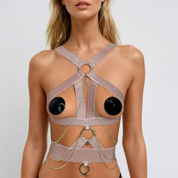 Harnais bijou rose Regina pour femme, avec chaînes plaquées or, élégant et ajustable pour sublimer toutes les tenues.