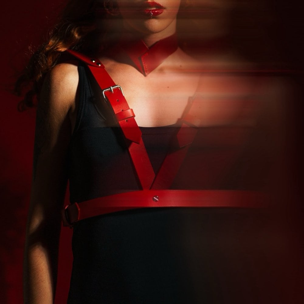 Harnais 73217 rouge en cuir de sellerie lisse, porté sur les épaules avec une fermeture avant sous la poitrine grâce à des boucles en nickel. Design réversible et ajustable pour un confort optimal.