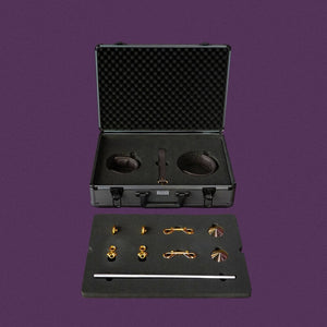 Coffret d’accessoires BDSM UPKO en cuir et métal doré présenté dans une mallette rigide Brigade Mondaine Paris