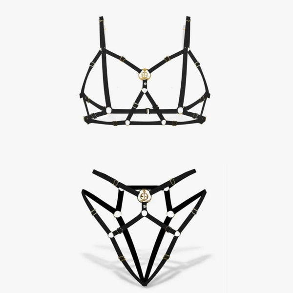 Freya set lingerie ouvert noir réglable avec détails dorés, soutien gorge ouvert assorti avec la culotte ouverte vendu par Brigade Mondaine