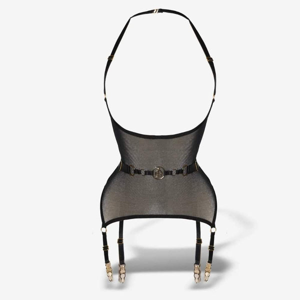 Body QRUCIFIX en mesh noir transparent avec bretelles réglables, ceinture centrale et porte-jarretelles métalliques, présenté par Brigade Mondaine Paris.