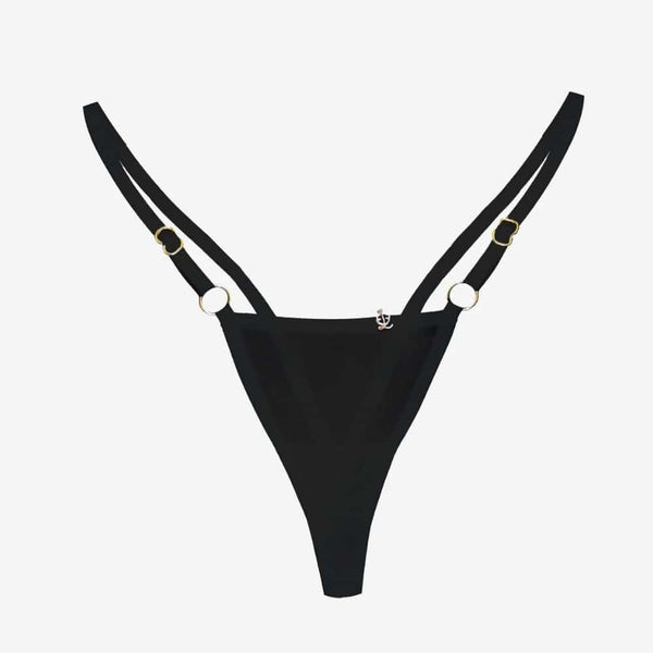 String Noir Ouvert Gousset en bambou élastiques recyclés, composants en Zamac plaqué or 18 carats, teintures non toxiques Kemtex, vegan et cruelty-free.
