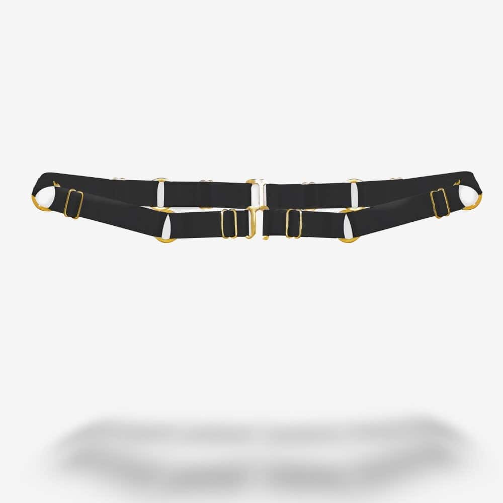 Ceinture QRUCIFIX noire avec fermetures ajustables et boucles dorées, photographiée sur fond blanc. Accessoire de lingerie de luxe vendu par BRIGADE MONDAINE à Paris 5.