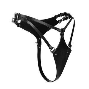 String Astrea en cuir noir RE:STRICT présenté chez Brigade Mondaine Paris, coupe échancrée, lignes nettes et finitions soignées, photographié en studio.