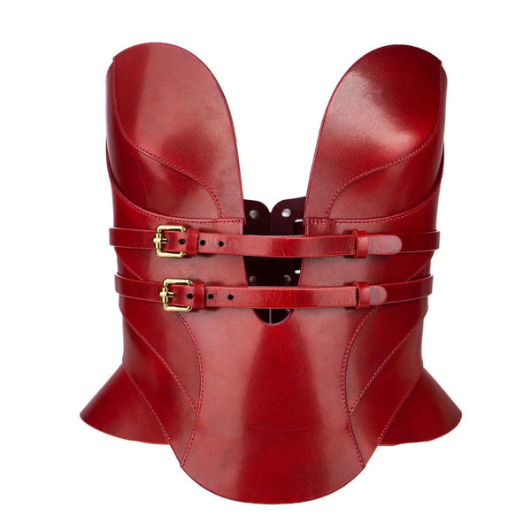 Corset en cuir rouge Daelos par RE:STRICT, corset sculpté avec finitions métalliques, style bondage, confection artisanale à la main.