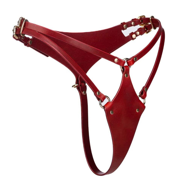 String ASTREA en cuir rouge pleine fleur, minimaliste et ajustable, création bondage artisanale RE:STRICT, révélant les courbes avec élégance.
