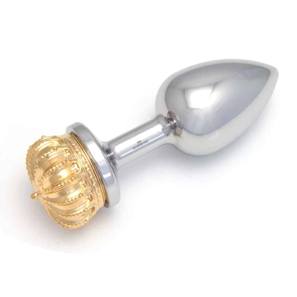 Plug anal en acier inoxydable de taille moyenne avec inscription rosebuds sur la tige et décoré d'une couronne en bronze doré sur la partie arrière