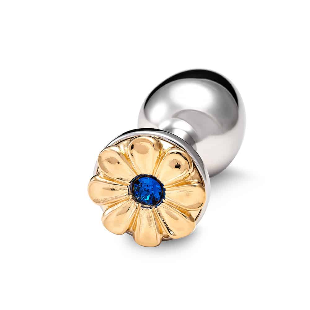 Accessoire Plug anal en bronze argenté et décoration fleur en dorée et pistil bleu .