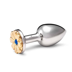 Accessoire Plug anal en bronze argenté et décoration fleur en dorée et pistil bleu .