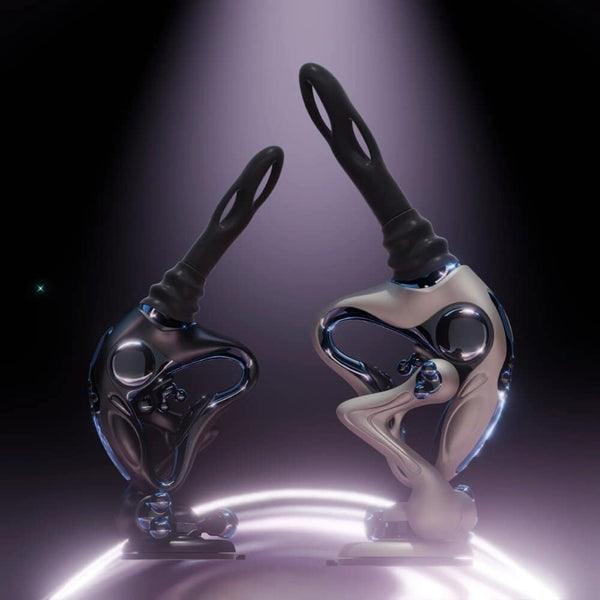 Sex machine UPKO en silicone et métal poli au design sculptural présentée en deux finitions Brigade Mondaine Paris