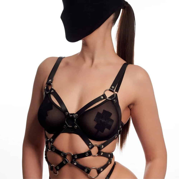 Body en Cuir Noir Italien Ouvert Avec Lanières Reliées à des Anneaux et Détails Argentés