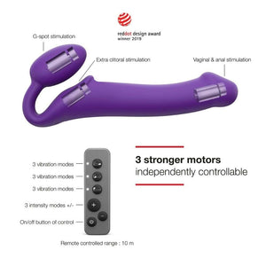 Strap-on vibrant télécommandé avec 3 moteurs indépendants, conçu pour stimuler le point G et le clitoris. Technologie de mémoire de forme pour un ajustement optimal à l'anatomie, avec télécommande intuitive et portée jusqu'à 10 mètres.