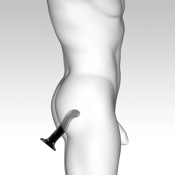 Dildo Point P&G de Strap-On-Me en silicone noir, avec courbure ergonomique pour stimuler le Point G et le Point P. Ventouse puissante pour une fixation sur surface plane et une utilisation mains libres.