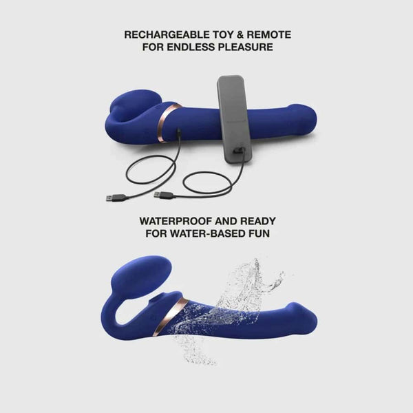 Guide des tailles du Strap-On Multi Orgasm STRAP-ON-ME montrant les dimensions insérables des modèles S, M, L et XL, en longueur et diamètre, sélection Brigade Mondaine Paris.