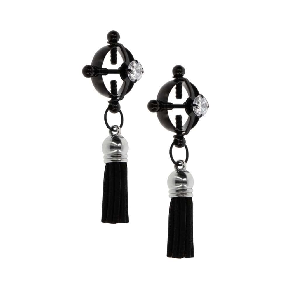 Paire de bijoux de seins noirs en forme de croix circulaire avec cristal transparent central et pampilles noires, proposée par Brigade Mondaine Paris.