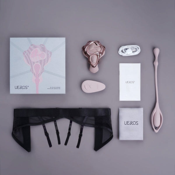 Contenu complet du vibromasseur UEROS avec harnais, accessoires, télécommande, câble de charge et packaging, présenté à plat sur fond gris.