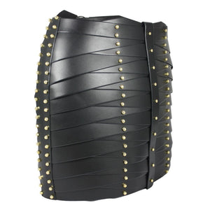 Packshot sur fond blanc de la jupe laced strapped de Una Burke en cuir noir.