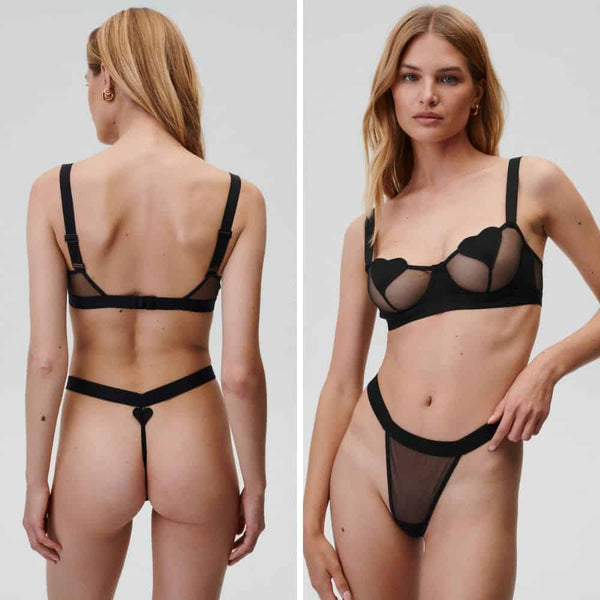 Photo d'une Femme de Devant et de Dos portant un Soutien-Gorge et un String en résille couleur Noir