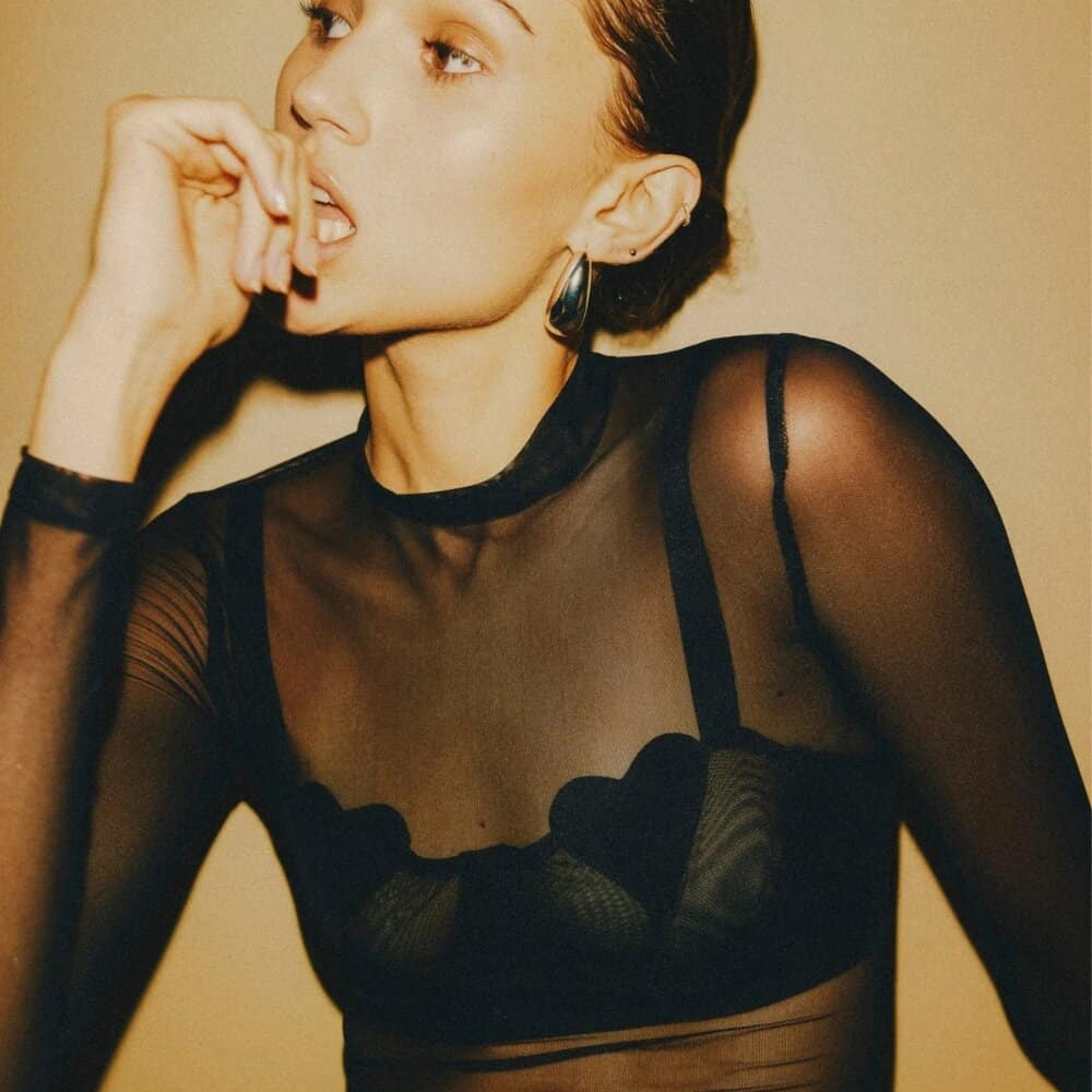 Body noir Undress Code Stay Simple porté par trois modèles souriants, jeu de transparence et lignes sobres, sélection Brigade Mondaine Paris.