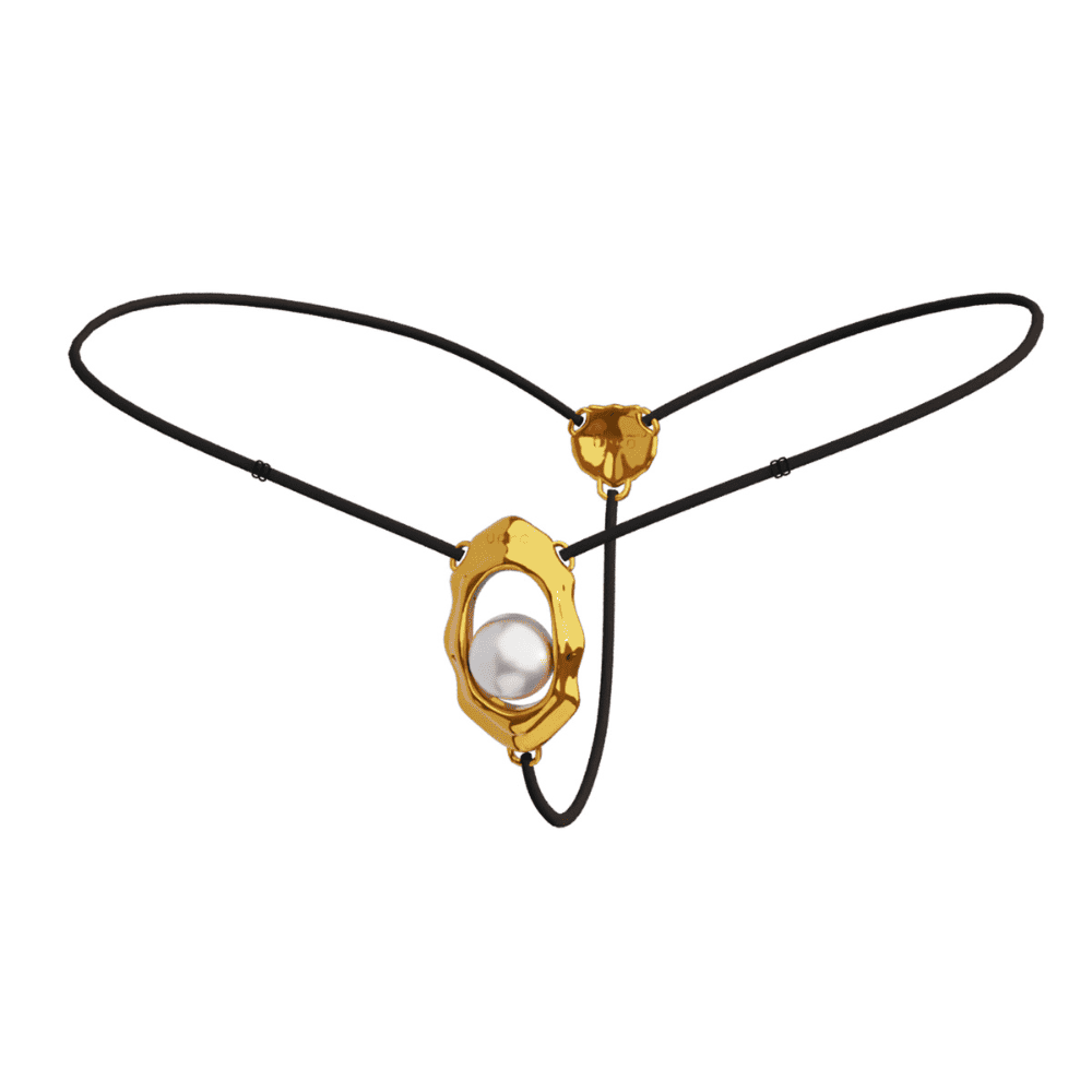 Bijou clitoridien “Moist Eyes” de UPKO avec stimulateur ergonomique et perle roulante. G-String ajustable, détails dorés, alliage de zinc hypoallergénique pour une stimulation et un confort optimaux.