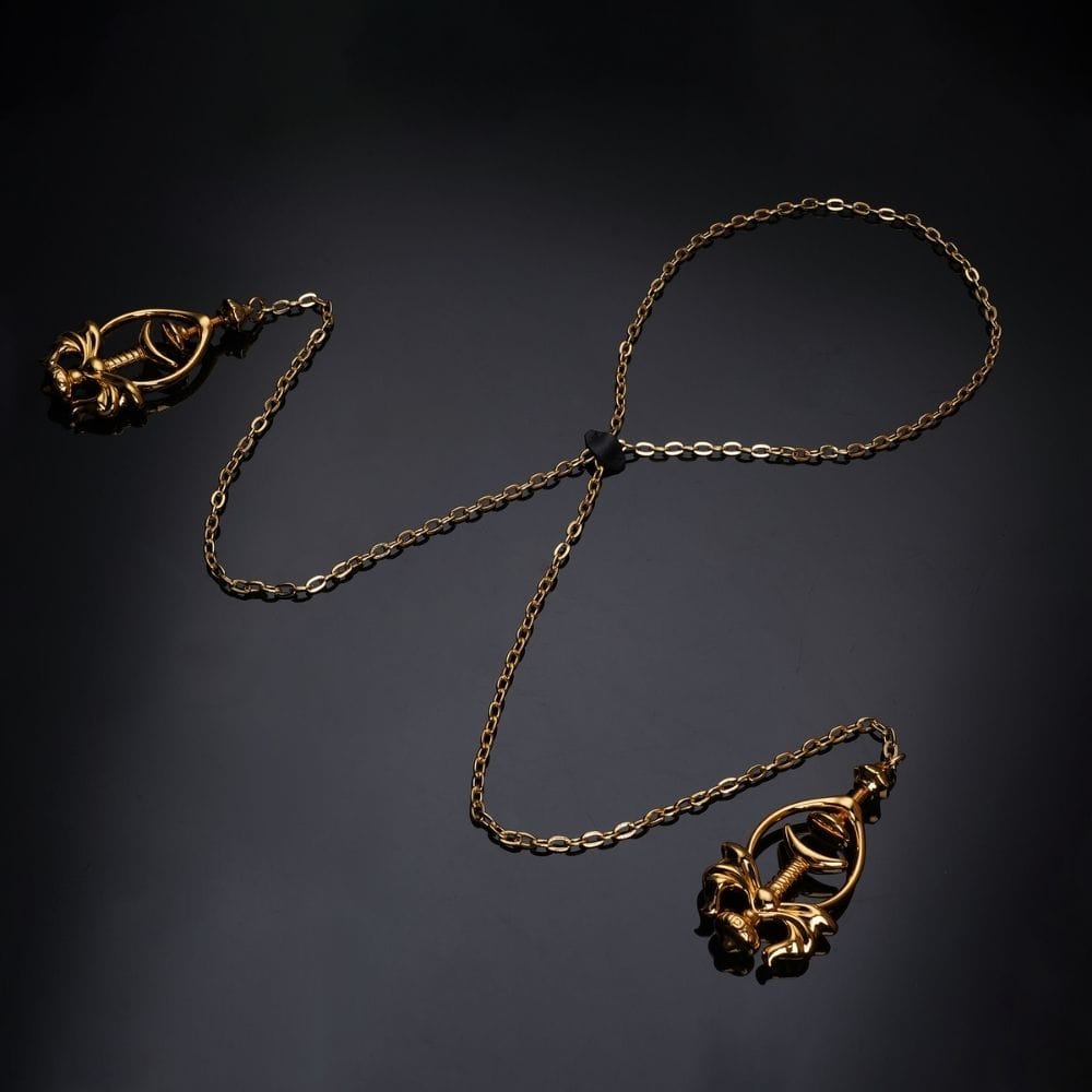 Pinces à Tétons à Chaîne de Traction Chaîne Dorée réglable avec boucle en cuir et Écrou texturé