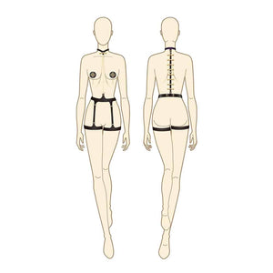 Ensemble Bondage 8 pièces de la marque Upko noir et or. Se trouve au niveau du cou un collier qui est relié à la ceinture par une chaîne en or. Le haut ne recouvre pas les seins. De part et d’autre, se trouvent des chaines couleur or qui relient le haut et le bas en diagonale. Le bas est noir et le haut des cuisses est ceinturé