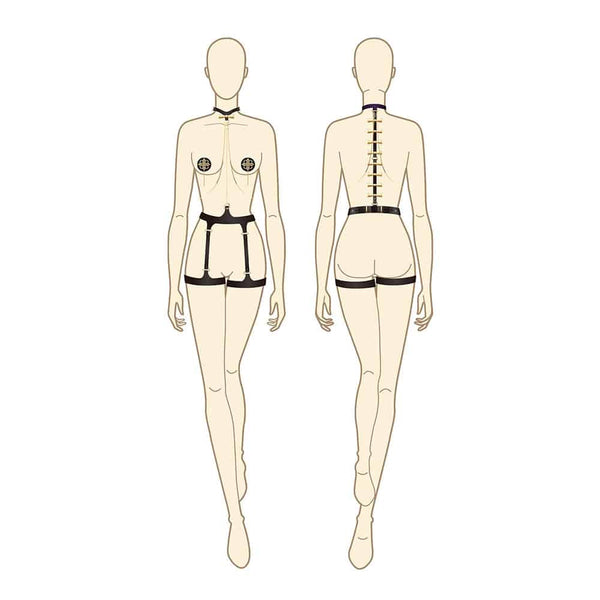 Ensemble Bondage 8 pièces de la marque Upko noir et or. Se trouve au niveau du cou un collier qui est relié à la ceinture par une chaîne en or. Le haut ne recouvre pas les seins. De part et d’autre, se trouvent des chaines couleur or qui relient le haut et le bas en diagonale. Le bas est noir et le haut des cuisses est ceinturé
